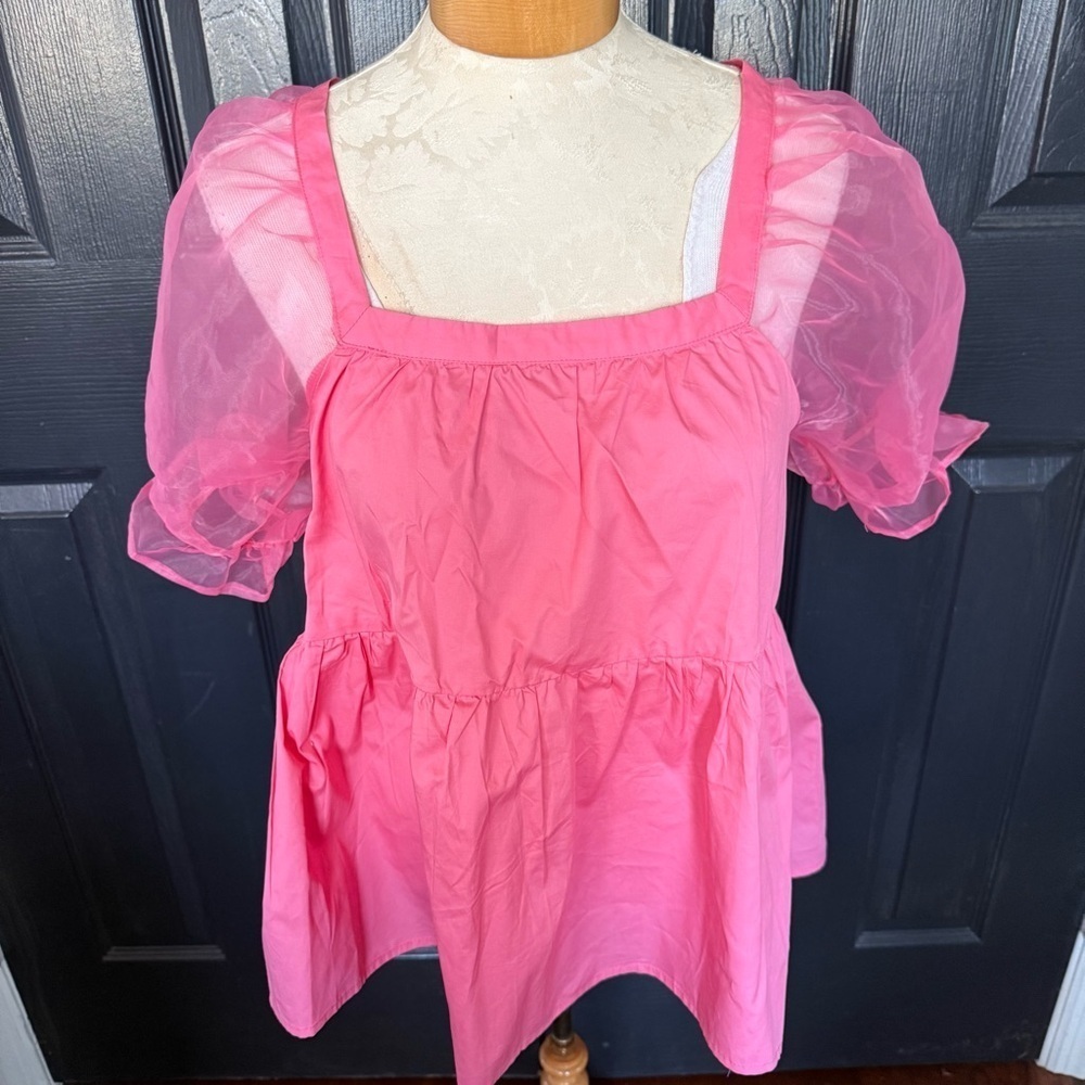 Pomander Place Tuckernuck Women's Pink Tinsley Top Blouse Sheer Puff Sleeve S